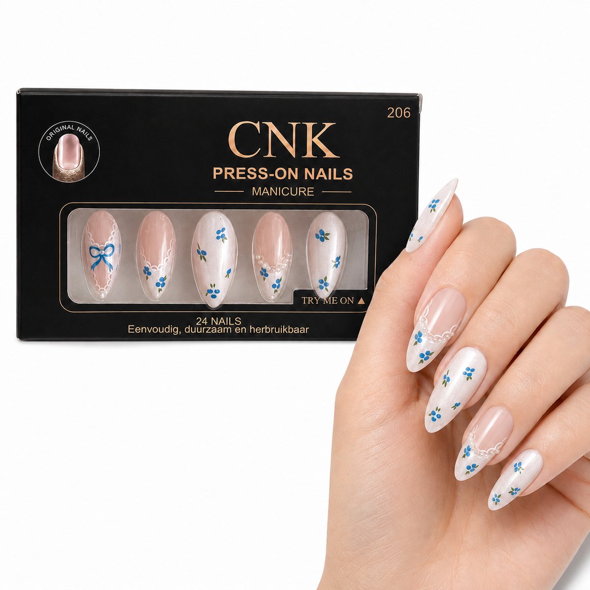 CNK 206 Press On Nails - Plaknagels - 24 Kunstnagels met Nagellijm, 24 Zelfklevende Plakstickers, Cleaner Wipe, Nagelvijl, Woodstick & Size Matcher - Nepnagels voor 7-14 Dagen - Herbruikbare Press-On Nagels - Starterspakket voor Manicure & Nail Art