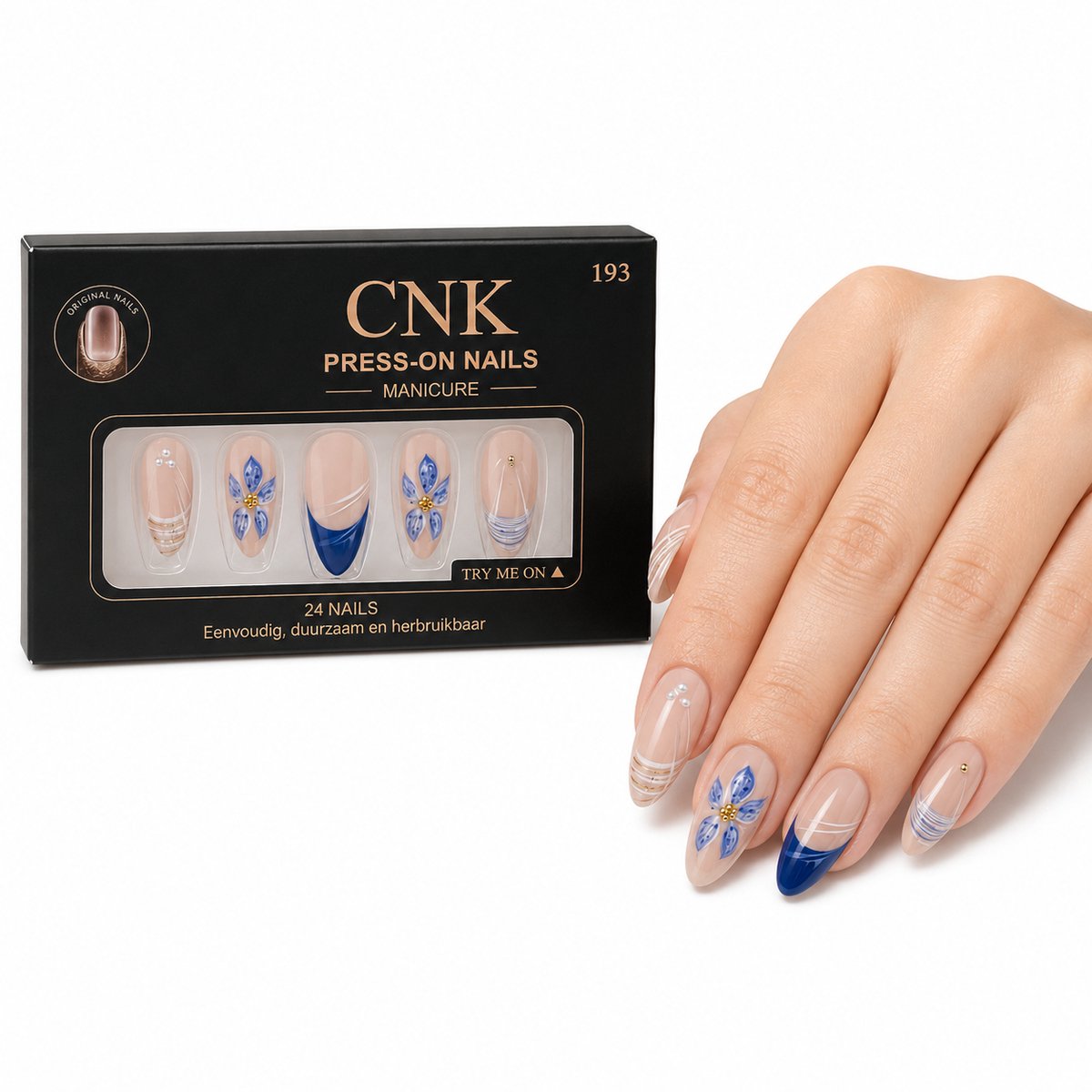 CNK 193 Press On Nails - Plaknagels - 24 Kunstnagels met Nagellijm, 24 Zelfklevende Plakstickers, Cleaner Wipe, Nagelvijl, Woodstick & Size Matcher - Nepnagels voor 7-14 Dagen - Herbruikbare Press-On Nagels - Starterspakket voor Manicure & Nail Art