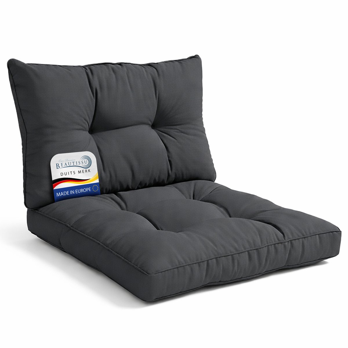 Beautissu Lounge Kussen Set met Zitkussen 70x70 cm & Rugkussen 70x40 cm Antracite â€“ Comfortabel Tuinkussen voor Tuinstoelen Rotan Stoelen Tuinmeubelen en Fauteuils â€“ Loungekussens Outdoor â€“ xLuna