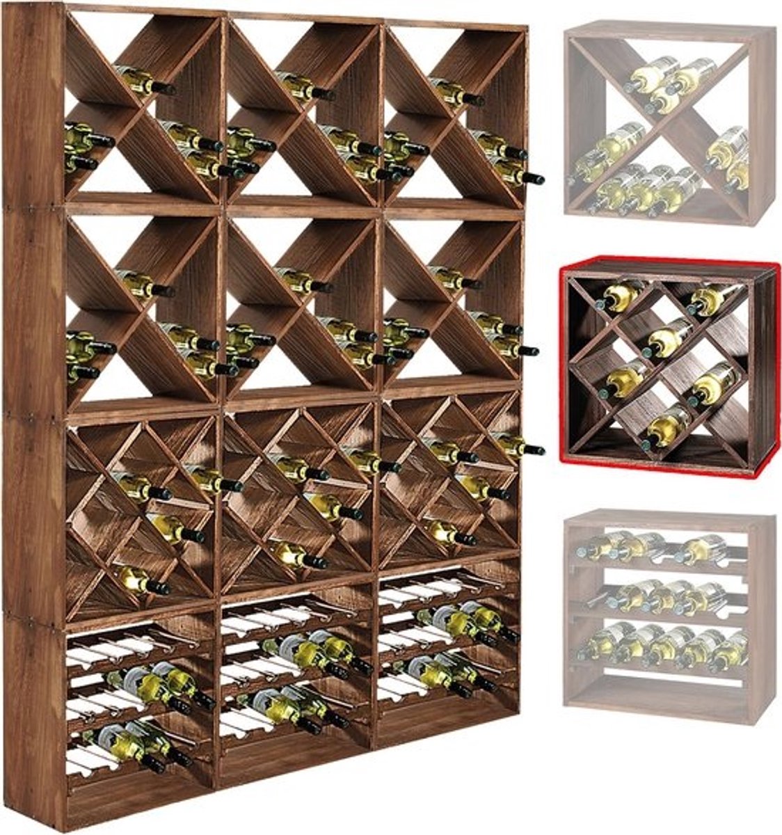 Wijnrek Hout - Fleshouder Opslag - Wijn Collectie - Stapelbaar Ontwerp - 50x50x25 cm - Donker Walnoot