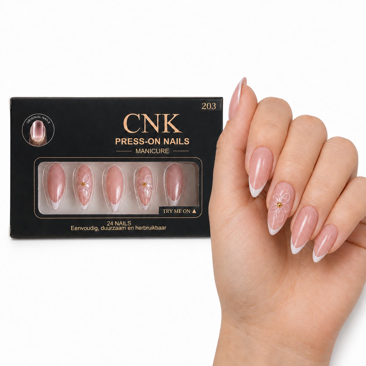 CNK 203 Press On Nails - Plaknagels - 24 Kunstnagels met Nagellijm, 24 Zelfklevende Plakstickers, Cleaner Wipe, Nagelvijl, Woodstick & Size Matcher - Nepnagels voor 7-14 Dagen - Herbruikbare Press-On Nagels - Starterspakket voor Manicure & Nail Art