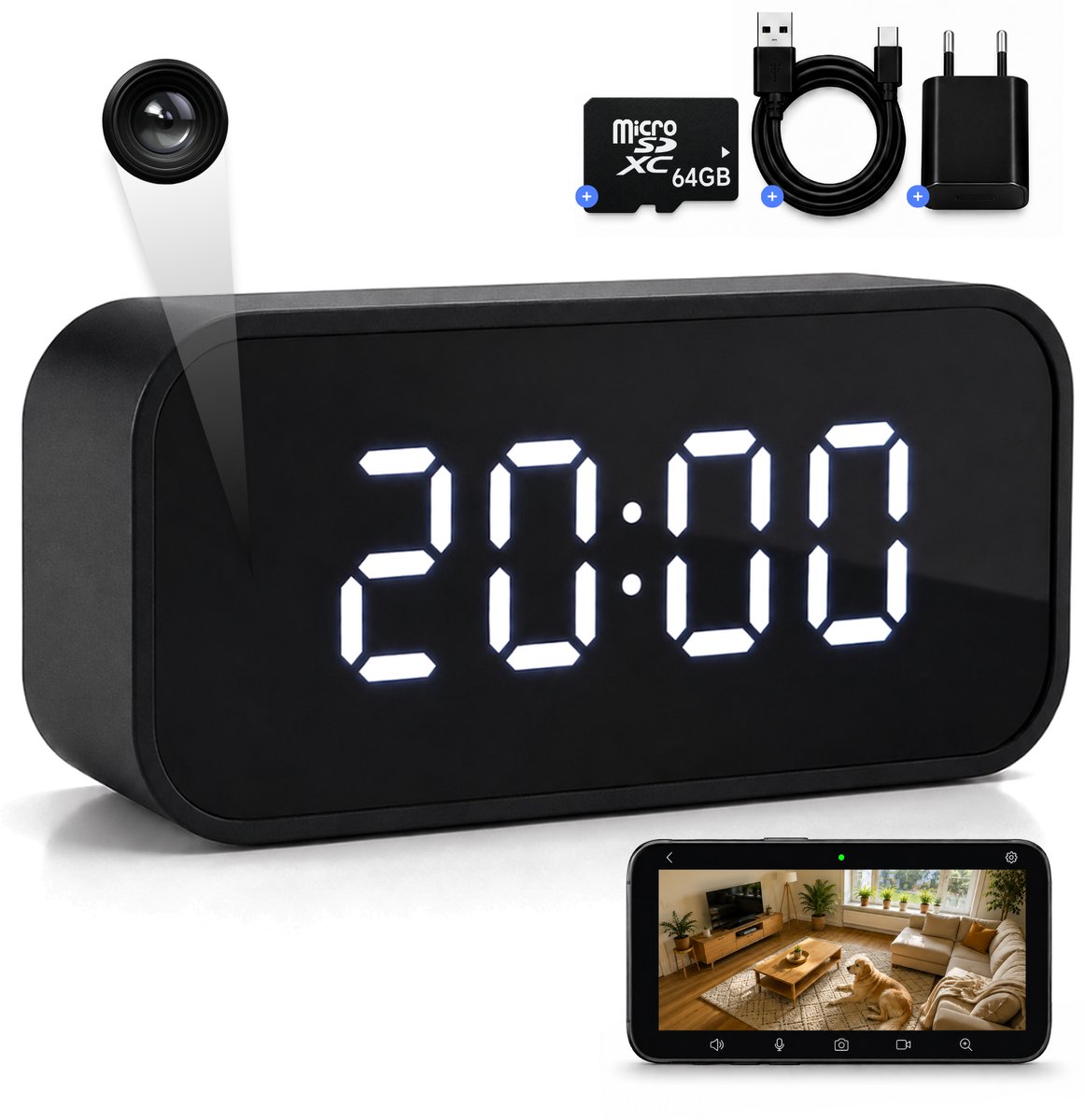 Bastix® S2 Spy Camera Klok - Spycam - Verborgen Camera - Mini Camera - Afluisterapparatuur - Spionage Camera - Nannycam - FULL HD 1080P - 64 GB SD Kaart