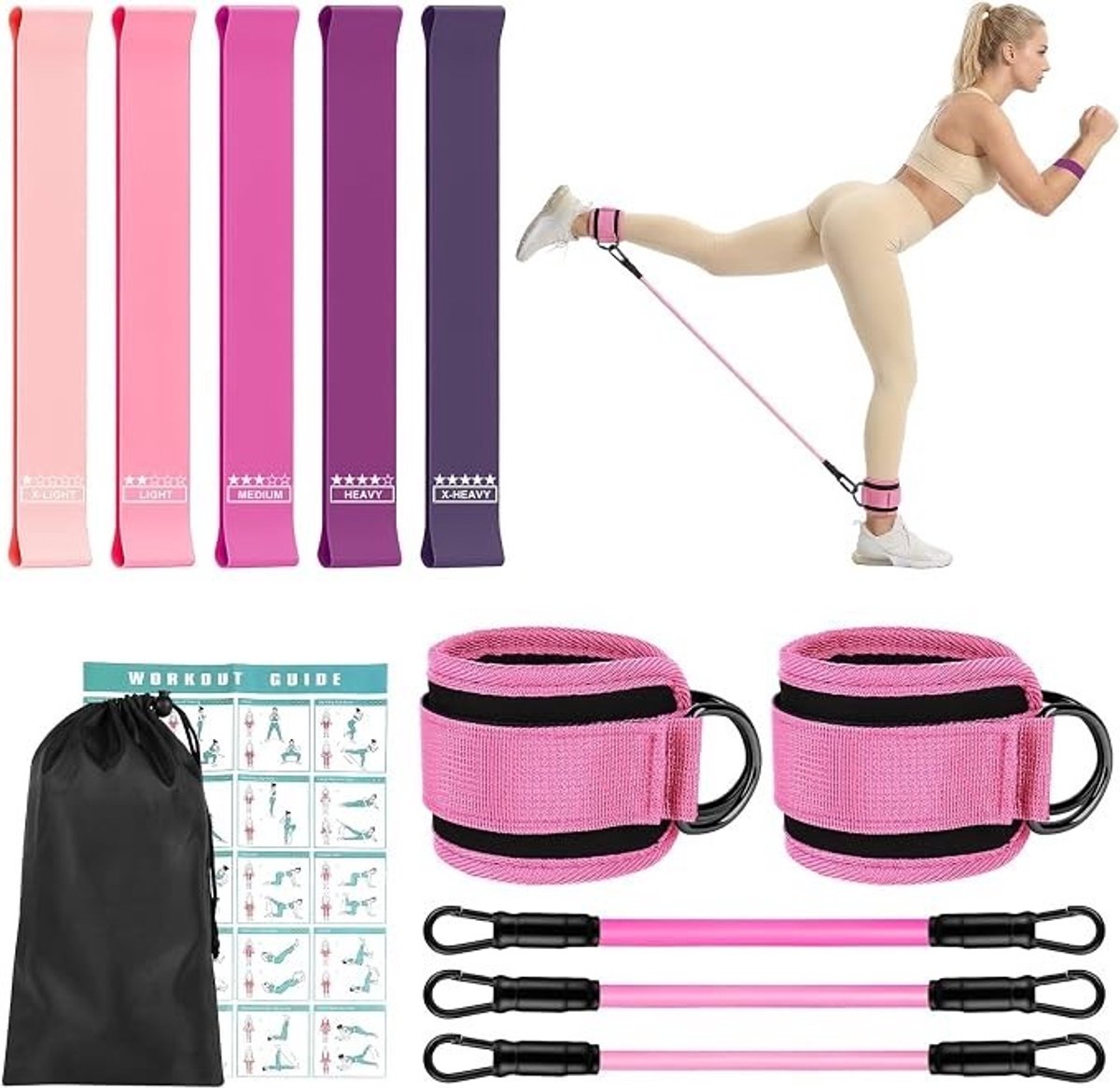 PolkaHome Weerstandsbanden Set - 5 Weerstandsniveaus - Fitness Elastische Banden voor Benen, Billen, Yoga en Pilates