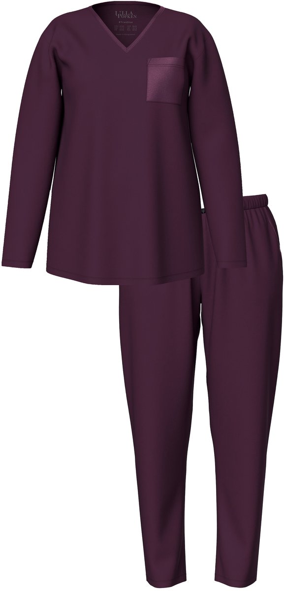 Ulla Popken - Dames - Pyjama satijnen borstzak V-hals lange mouw - Donkerpruim - Maat 46+
