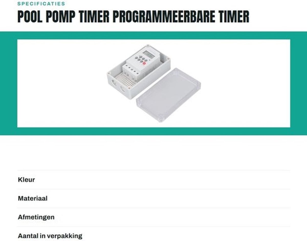 - Zwembadpomptimer - Digitale Timerbox - Waterbestendig - Geschikt voor Tuin en Zwembadonderhoud - Automatische Uurprogrammering - Handige ...