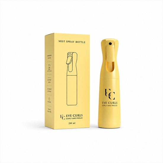 Bouteille de brume jaune avec logo "EVE CURLS" et "200 ml" sur l'emballage.