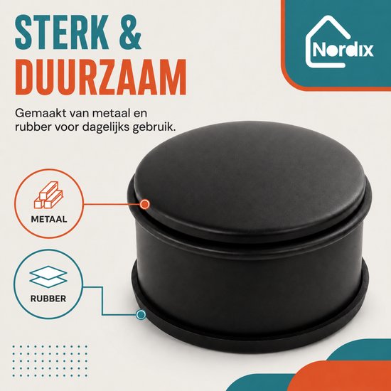 Zwarte ronde deurstopper, gemaakt van metaal en rubber. Tekst: 'STERK & DUURZAAM'.
