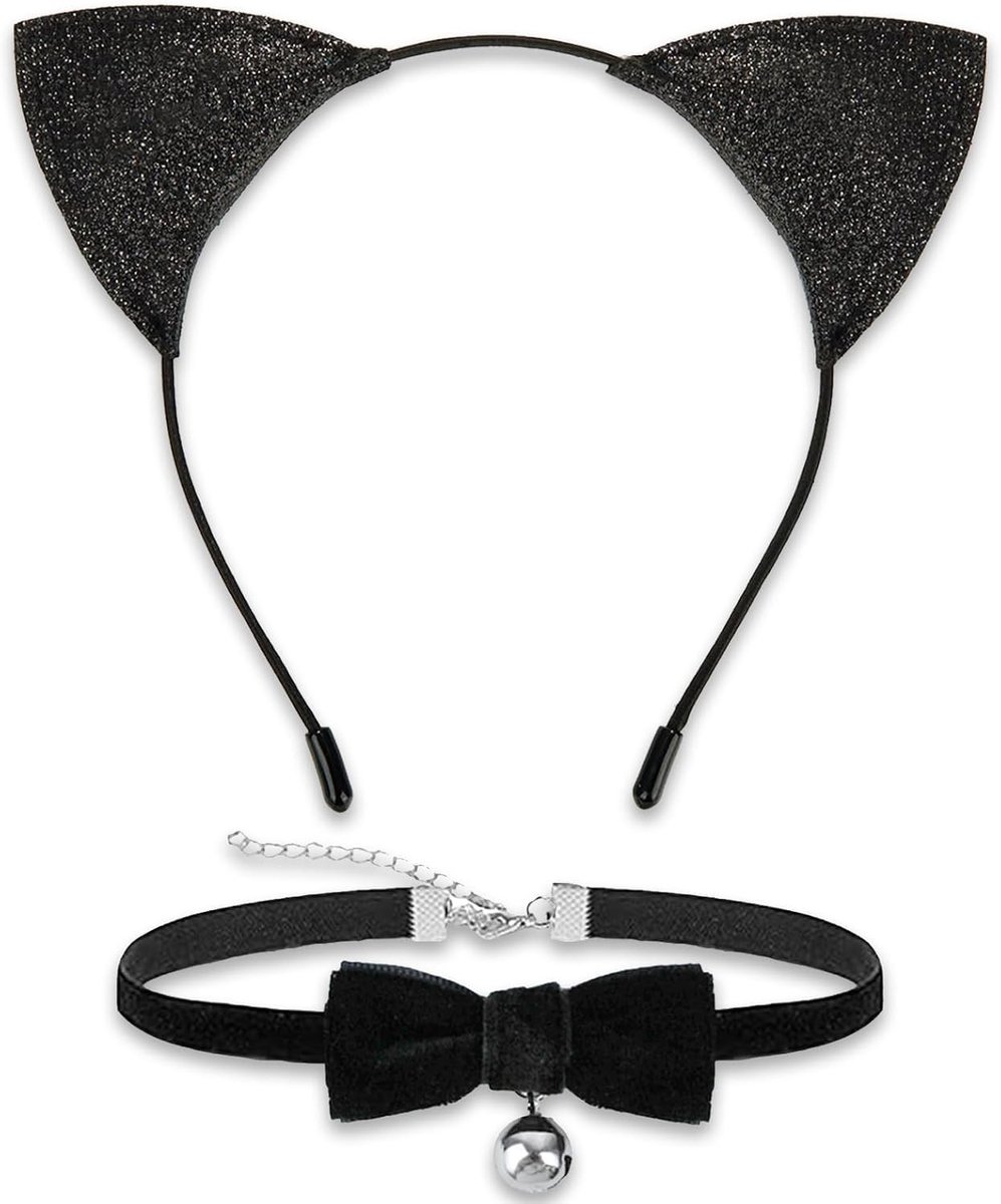 Complete set voor kattenkostuum met oortjes, haarband, bel en ketting voor vrouwen en meisjes - ideaal voor carnaval, Halloween en feestjes