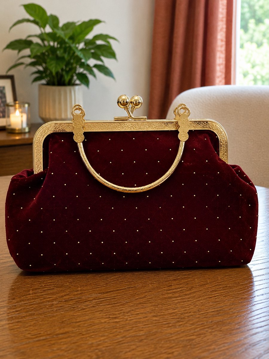 Elegante bordeauxrode fluwelen handtas met een luxe, klassieke uitstraling