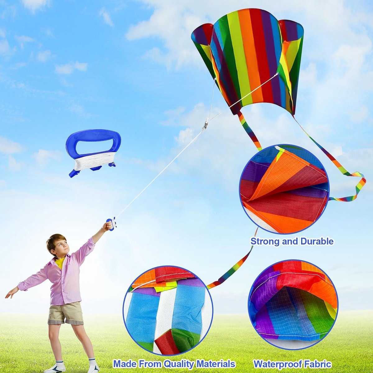 Kleurige vliegers voor jongens en meisjes, regenboogvlieger met draak touw en handvat, perfect voor zomersporten op het strand en in het park, eenvoudig te monteren