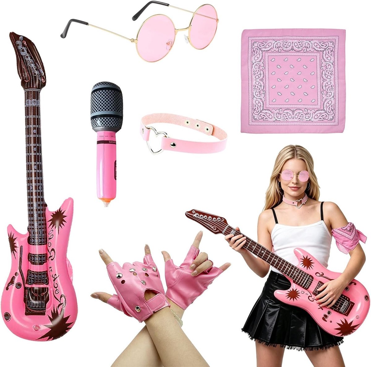 Punk Rock Kostuum voor Kinderen met Handschoenen, Zonnebril, Bandana en Opblaasbare Gitaar voor Feestjes en Verkleedpartijen