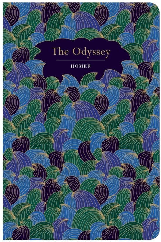 De Odyssee van Homerus, gebonden editie met een fantasiepatroon van blauwe, groene en paarse bladeren.