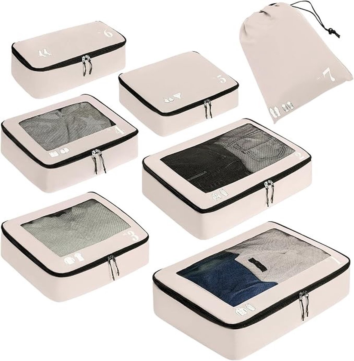 PolkaHome 7-delige Inpakblokjes voor Koffer - Reis Organizer met Mesh, Gerecycled PET, Lichtbeige