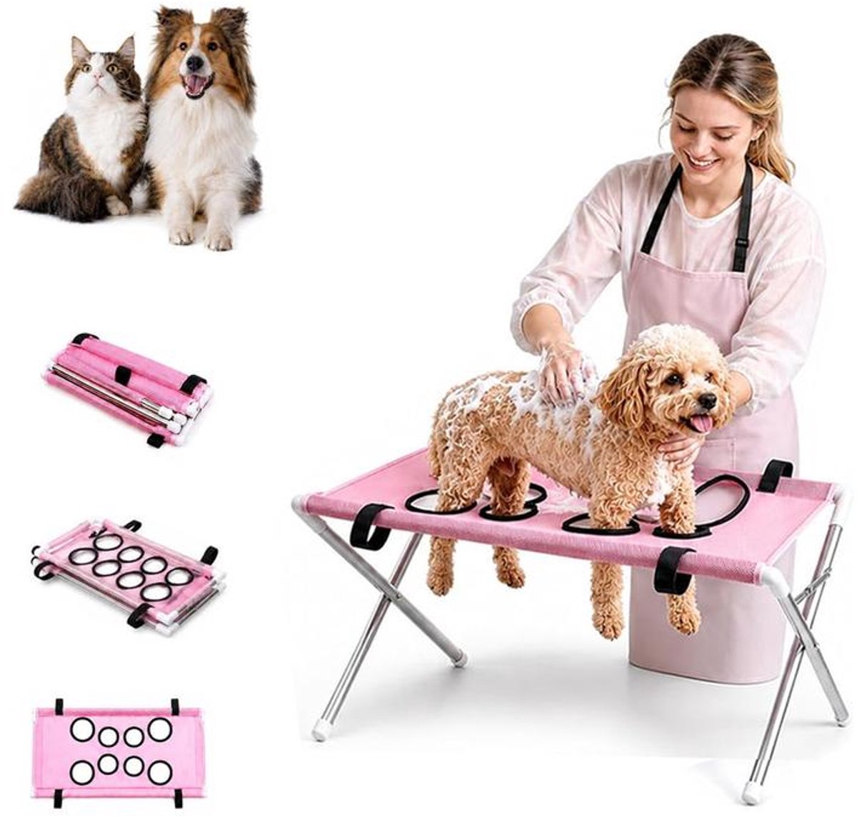 KZQ Hond badstand - Trimtafel voor huisdieren – draagbare huisdier schoonheid hanger met hanger – Opvouwbaar - Inclusief veiligheidsharnas/hangmat – Draagvermogen van 20 kg – Geschikt voor wassen, trimmen en nagels knippen – Roze