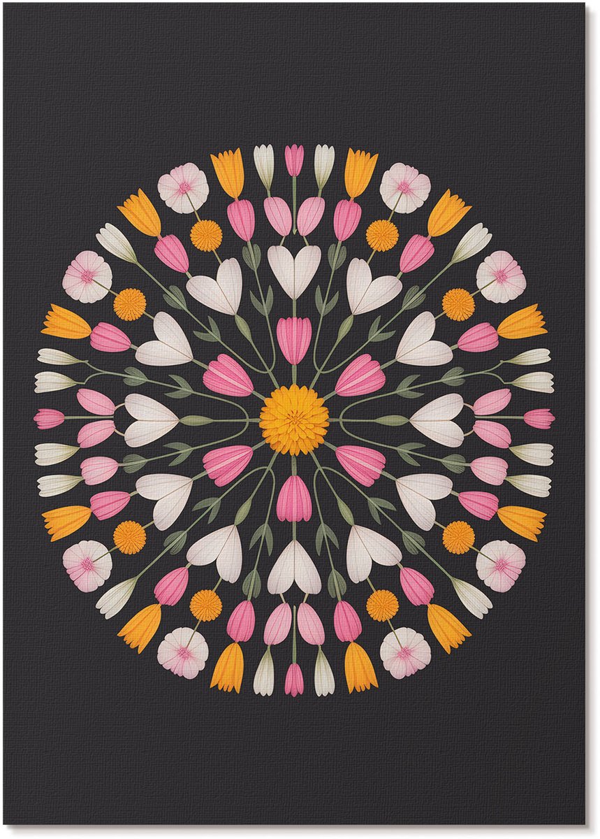 Tulup Canvas Poster Polycanvas - Bloemenmandala, Schilderen - A4 - Zwart Poster - Rechthoek - Wandkunst - Woonkamer, Slaapkamer, Kantoor - Boho