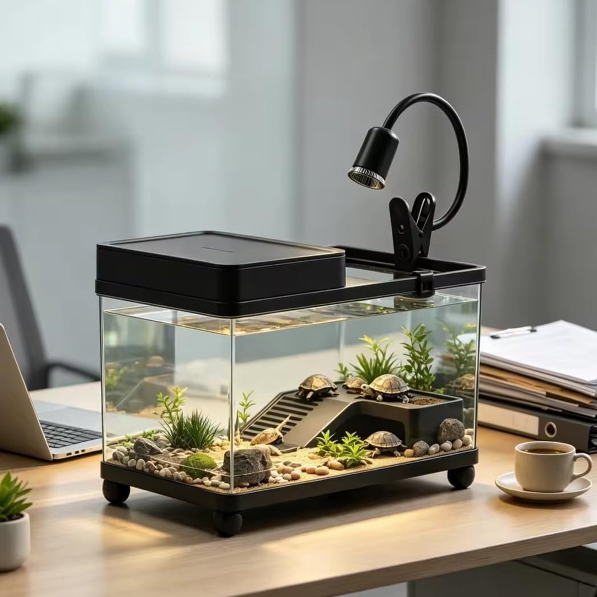 Schildpaddentank met Drainagesysteem - 39.5 x 20.5 x 27 cm (ca. 20L) - Aquaterrarium met Accessoires - Breukvast Kunststof Schildpad Verblijf voor Waterschildpadden & Reptielen - Zwart