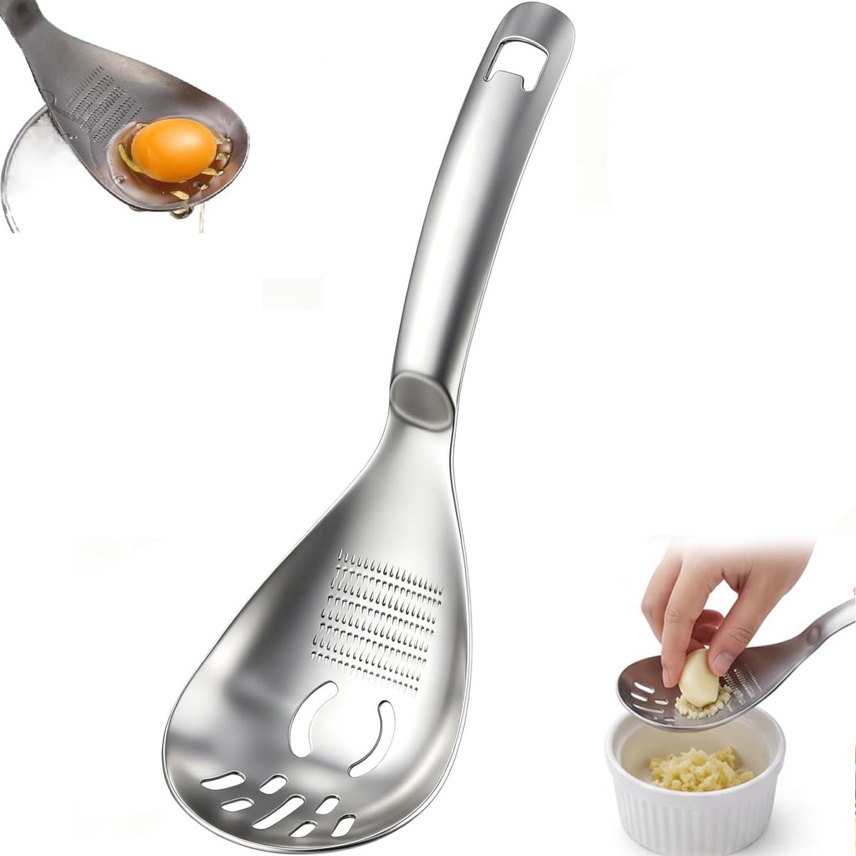 Namajunas - 5 IN 1 Multifunctioneel Soeplepel - Soeplepel RVS - Combineert Lepel Stamper Rasp Zeef Eigeelscheider en Flesopener in één - Tweezijdig Slijptand Ontwerp - Eetlepels - Eetlepels Bestek - Kitchen Tools