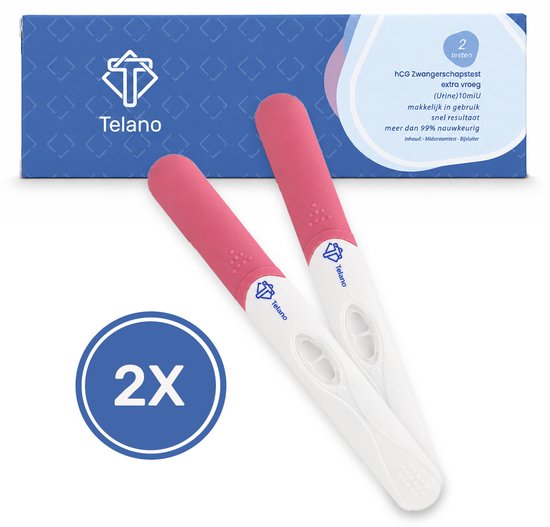 Twee witte zwangerschapstesten met roze handvatten, naast een doosje met "Telano" logo en "2 testen".