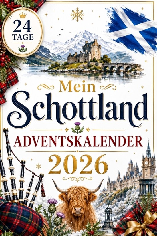 Adventskalender 2026 "Mein Schottland", met afbeeldingen van Schotse kastelen, de Schotse vlag en doedelzak.