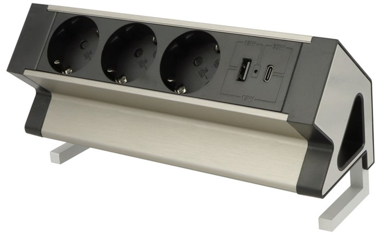 Design Light Deskbox - Bureau stekkerdoos met3 Stopcontact - USB-A & USB-C splitter - Verdeelstekker horizontaal IP20 - Verdeeldoos met snoer - 21.5x8.1x7.5 CM -Zilver