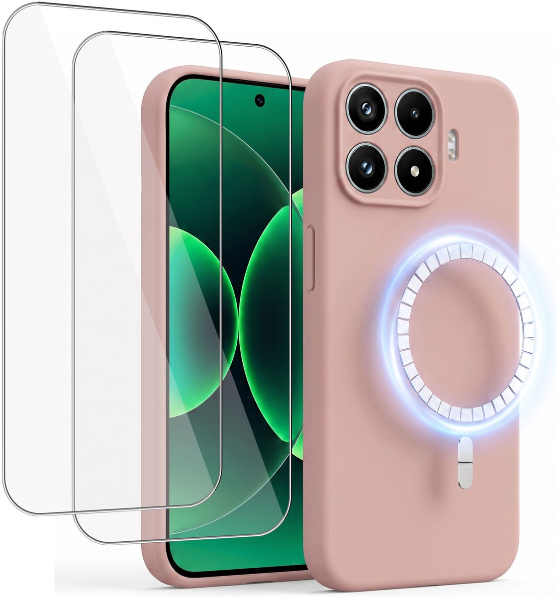Hoesje + 2x Screenprotector geschikt voor Xiaomi 17T - Hoesje geschikt voor Magsafe - Draadloos opladen - Gehard Glas - Oud Roze