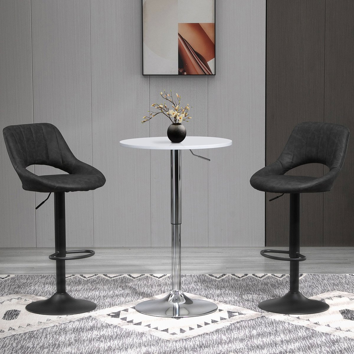 REDOM - Barkruk - Draaibaar en hoogteverstelbaar - Met rugleuning en voetsteun - Vintage stijl - Keuken, huisbar en woonkamer - Kunstleer en metaal - Grijs - 44 x 49 x 90-110 cm