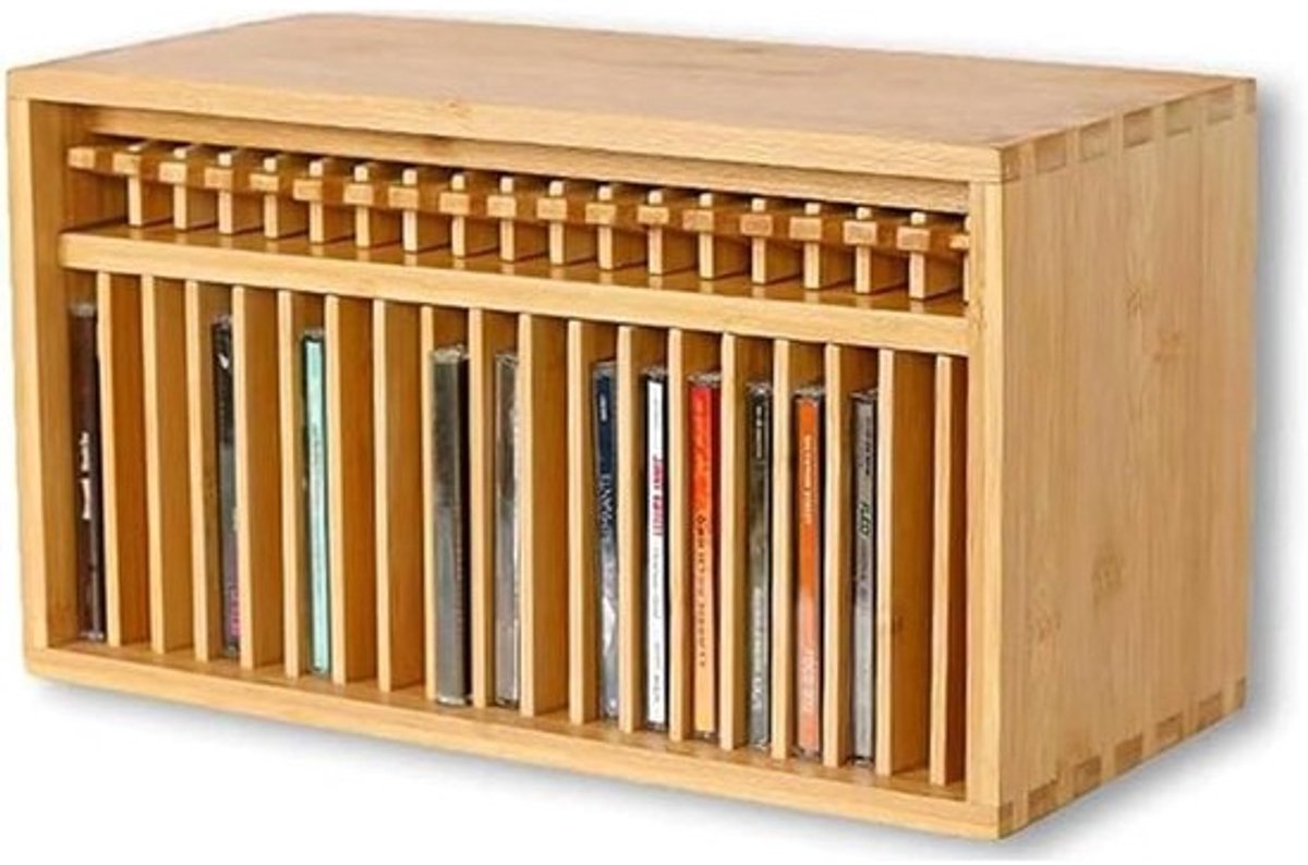Houten CD-rek - Muziekopslag - Muziek organiseren - Pop-up knop - 40 cm breed - Bamboe
