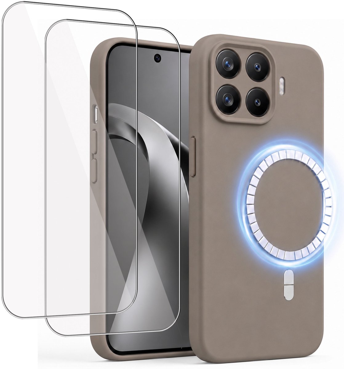 Hoesje + 2x Screenprotector geschikt voor Xiaomi 17 - Hoesje geschikt voor Magsafe - Draadloos opladen - Gehard Glas - Taupe