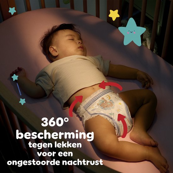Baby slaapt in ledikant met Pampers nachtbroekjes met 360° bescherming tegen lekken voor ongestoorde nachtrust.