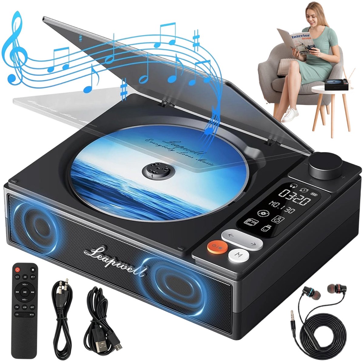 Draagbare CD-Speler met Bluetooth - Bluetooth TX/RX - FM Radio - USB & AUX - 4000mAh Accu - 2,4 Inch Scherm - Met Afstandsbediening - Zwart