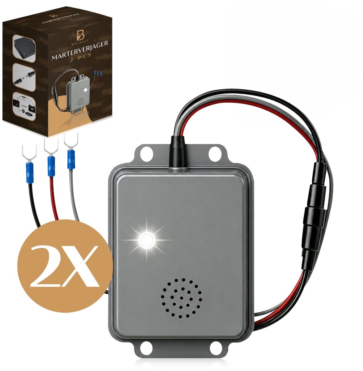 BRINSIC® Marterverjager Auto 12V Set van 2 – Ultrasone Ongedierteverjager – Marterverjager voor Motorruimte – Bescherming tegen Marters, Muizen, Ratten en Knaagdieren – Auto Camper Caravan Bestelbus Vrachtwagen – Anti Marter Apparaat – CE