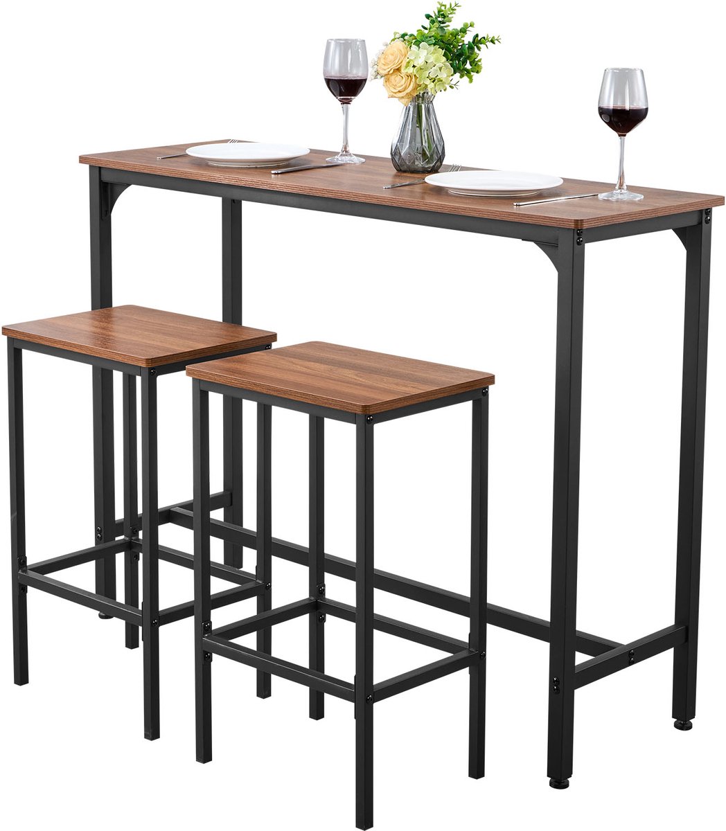 Bartafelset (3-Delig) met 2 Barkrukken en Afgeronde Randen, Rechthoekige Bistrotafel/Staande Tafel (120 X 40 X 90 cm), Eettafel of Bistrotafel in Rustiek Bruin/Zwart, Ideaal voor Kantoor of Minibar