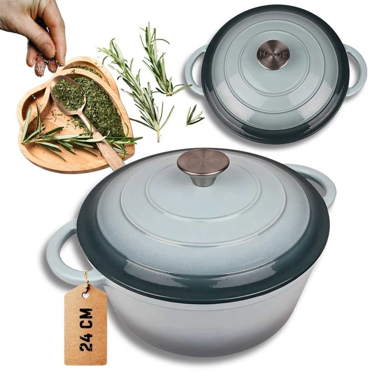 Hage - Kookpan - Gietijzeren Pot met Deksel - Geëmailleerd gietijzeren braadpan - Inductie & Oven Geschikt - Inclusief Mini Ovenhandschoenen & Onderzetter - Voor Braden, Stoven, Soep & Brood - 4 Liters - Ø24 cm - Mintgroen