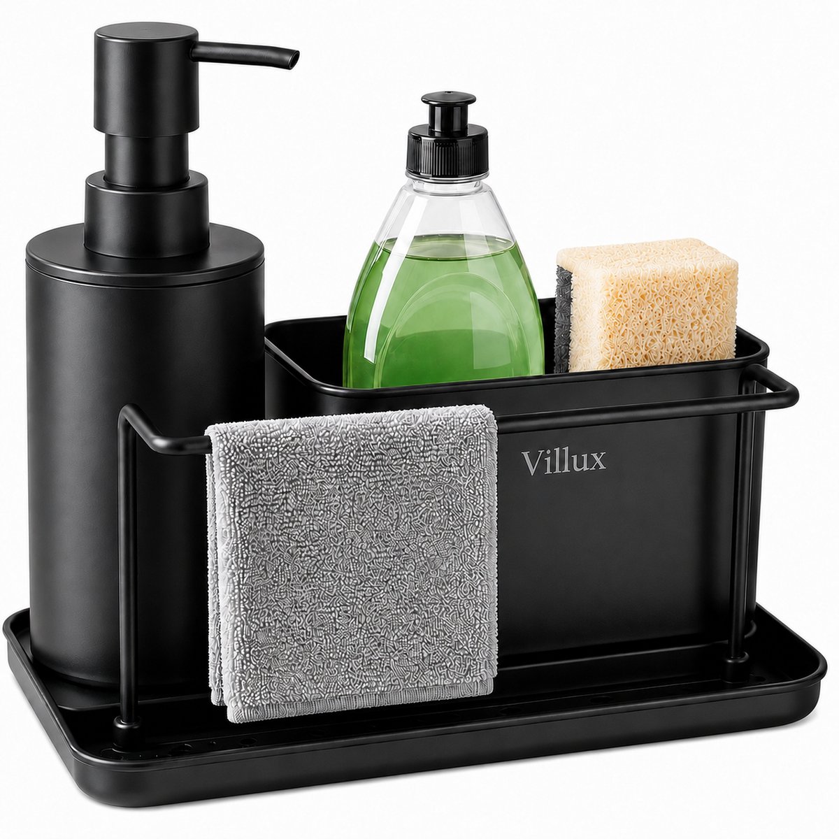 Villux Aanrecht Organizer - Met Zeepdispenser & Vaatdoekhouder RVS - Keuken Organizer met Zeeppompje - Gootsteen Organizer - Zwart