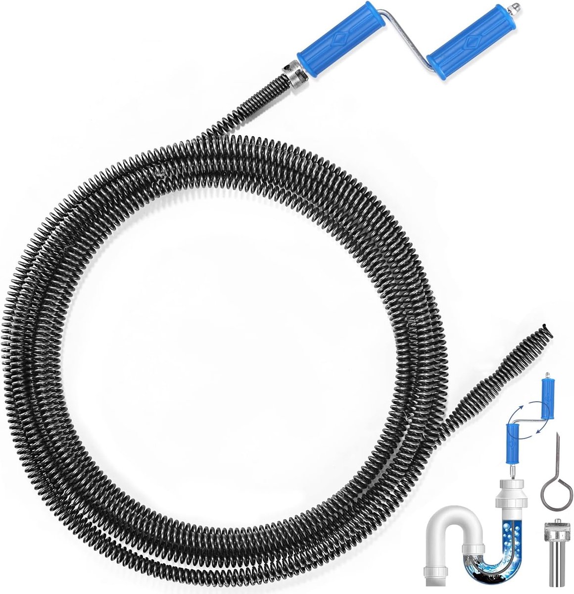Flexibele afvoerreiniger 5,5 m – 10 mm, met klauw en adapters,Flexibele afvoerspiraal met adapters – voor toilet, gootsteen en bad