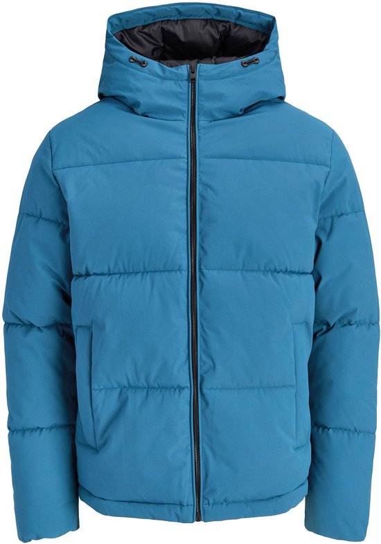 Blauwe pufferjas met capuchon, met ritssluiting en zakken.