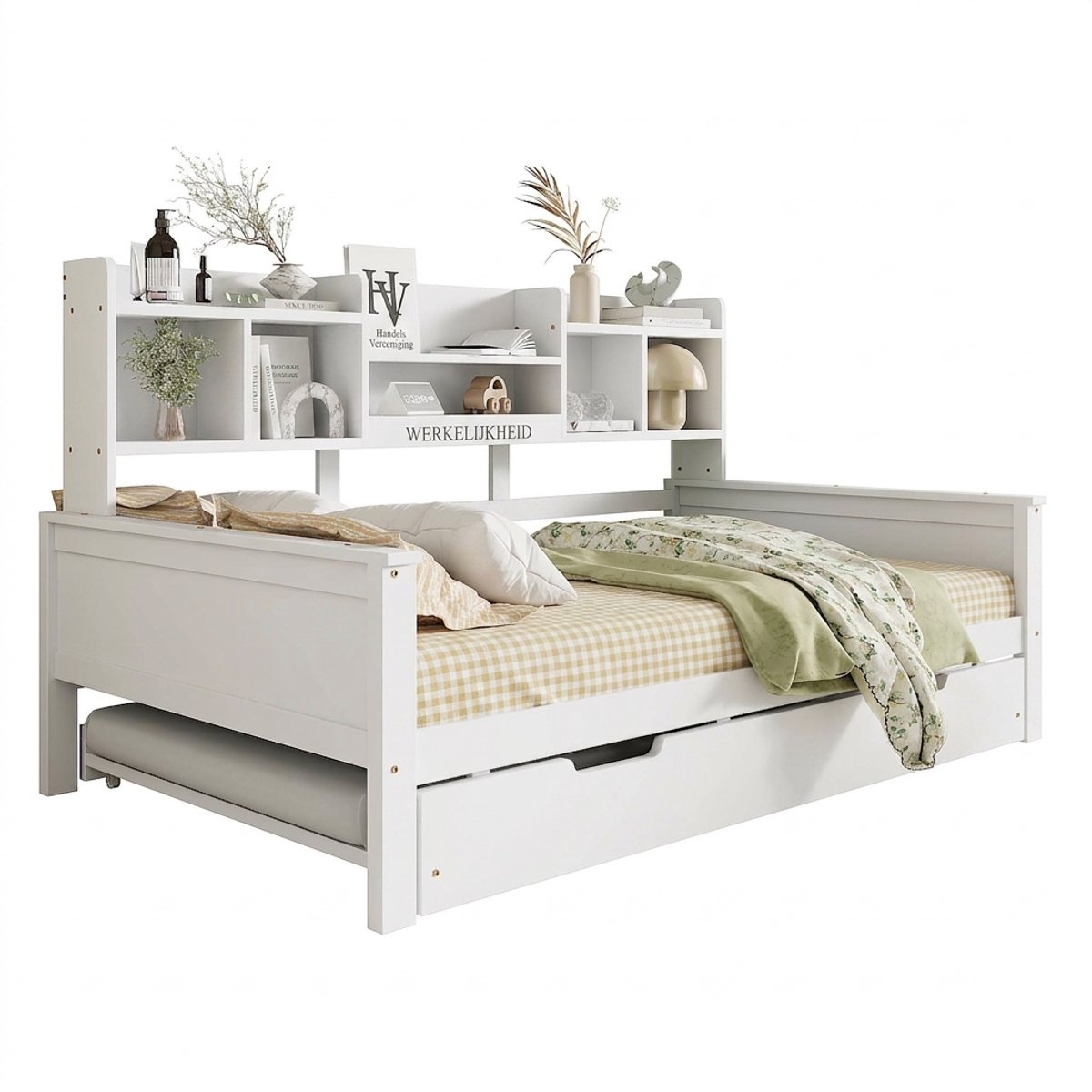 Witte houten bedbank - 90x200 - Eenpersoonsbed met uitschuifbed - Met opbergvakken - Inclusief lattenbodem - Logeerkamer - Wit