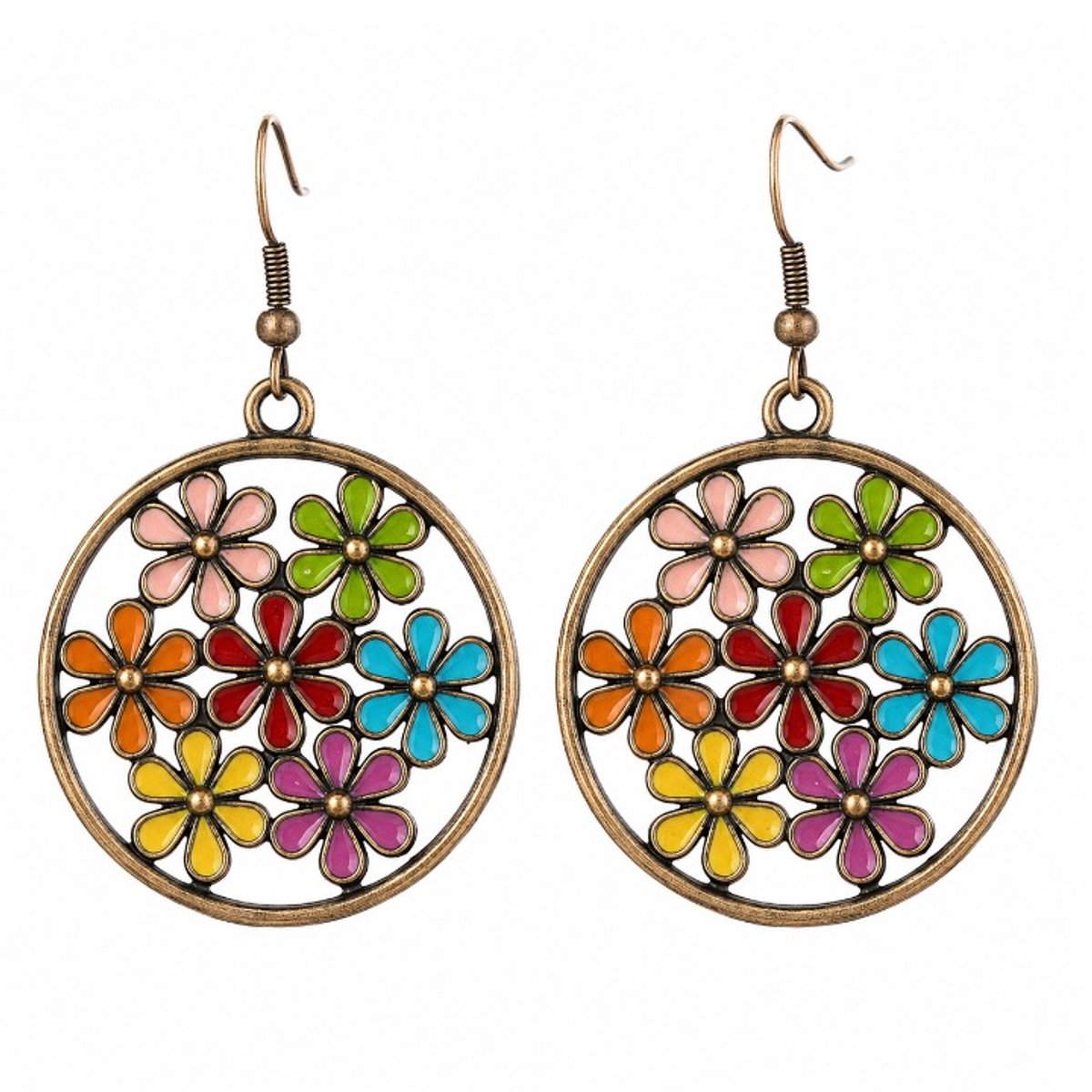 Fako Bijoux® - Oorbellen - Cirkel Met Bloemen - Ø 34mm - Multicolour