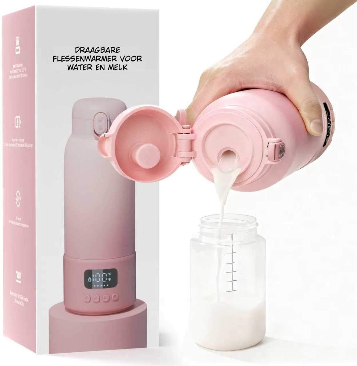 Kavo®- Draagbare Flessenwarmer – Babyfles Verwarmer – Flessenwarmer Onderweg – USB Oplaadbaar - Roze - 9cm x 9cm x 26cm