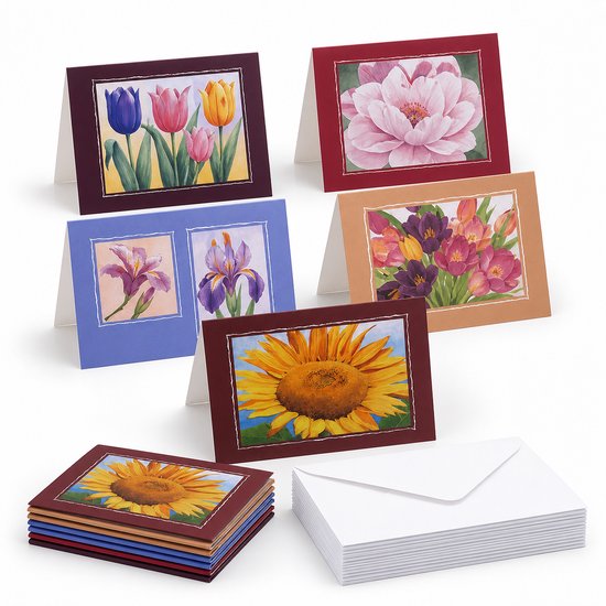 Een verzameling kaarten met bloemafbeeldingen: tulpen, pioenroos, irissen, zonnebloem.