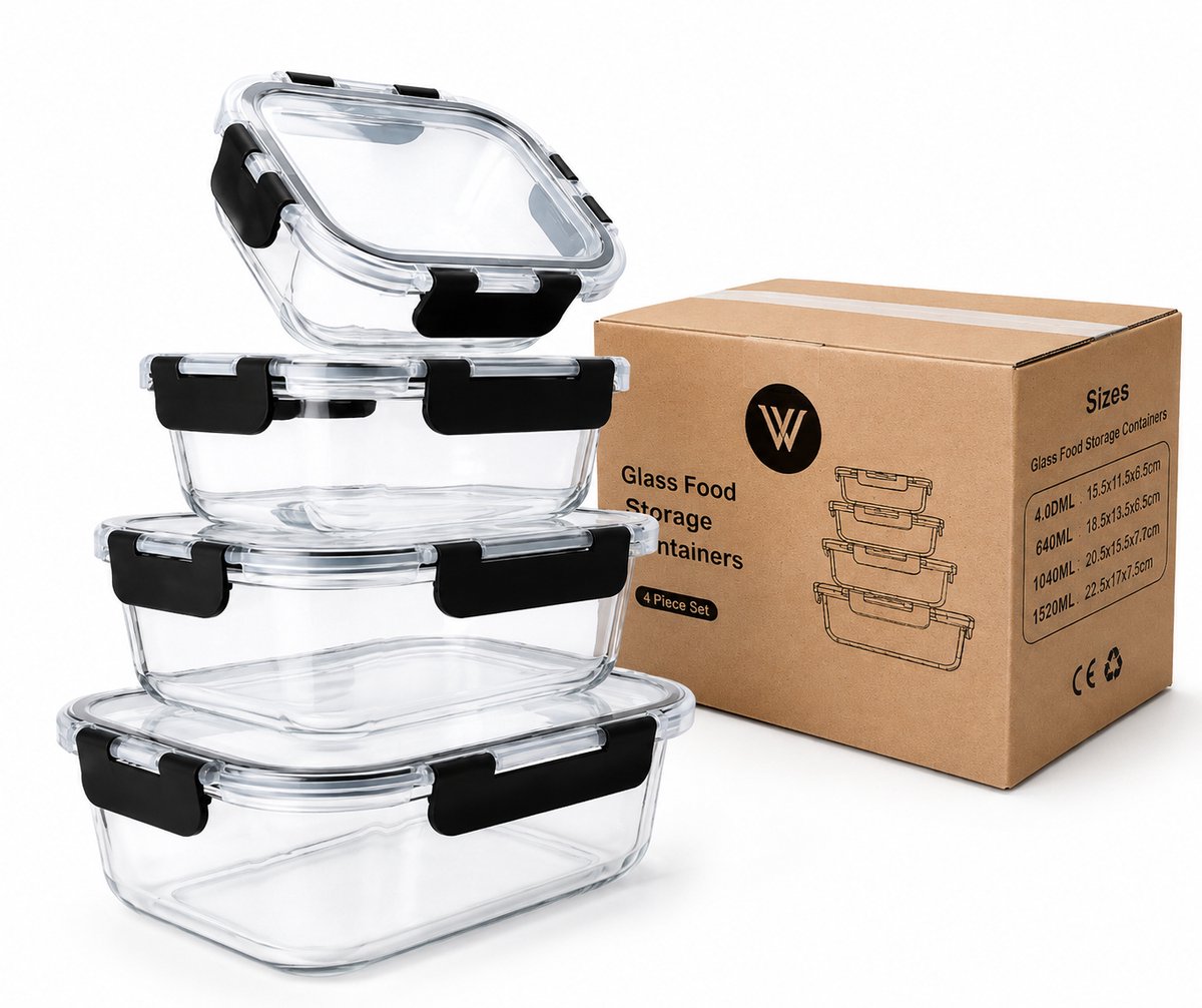 Webzon Glazen Vershoudbakjes – 4-delige Set met Deksel (410, 680, 1040 & 1520 ml) – Lekvrij & Luchtdicht – BPA-vrij – Stapelbaar – Oven, Magnetron, Vriezer & Vaatwasserbestendig – Meal Prep Bakjes