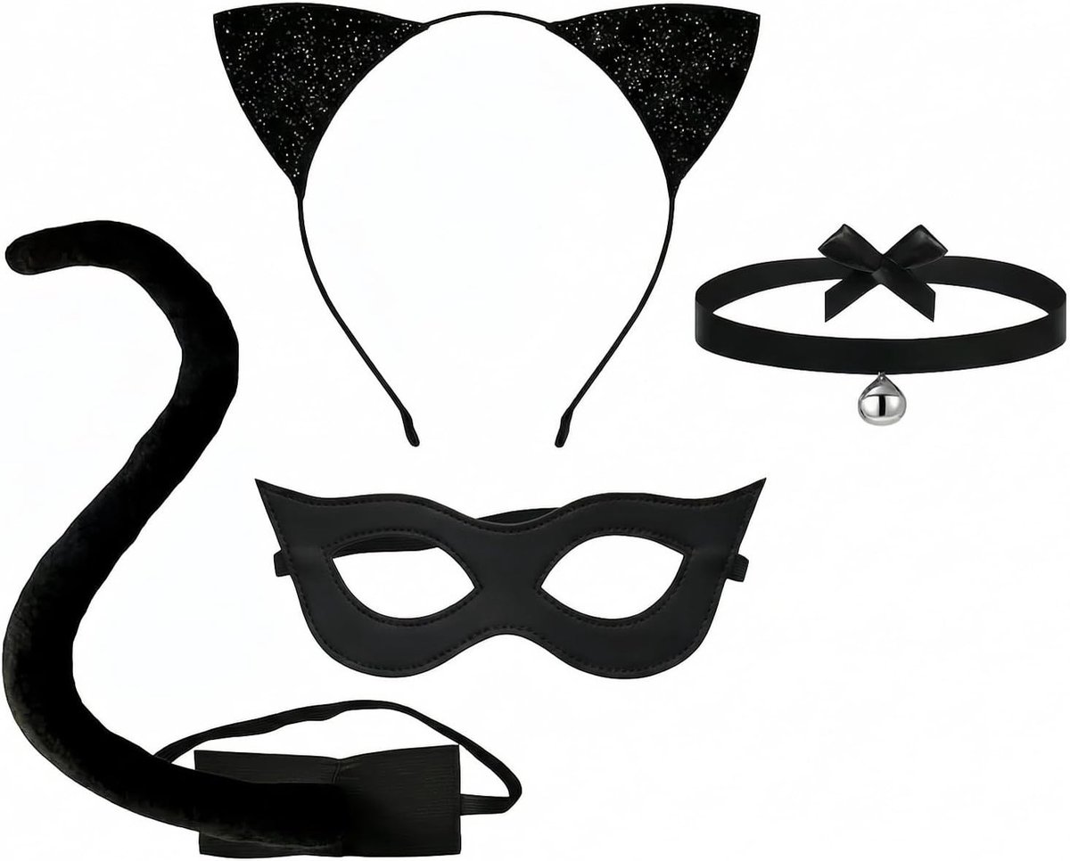 Vrouwelijk Catwoman Kostuum voor Halloween en Feestjes met Glanzende Oren, Masker, Staart en Kraag van Zacht Materiaal