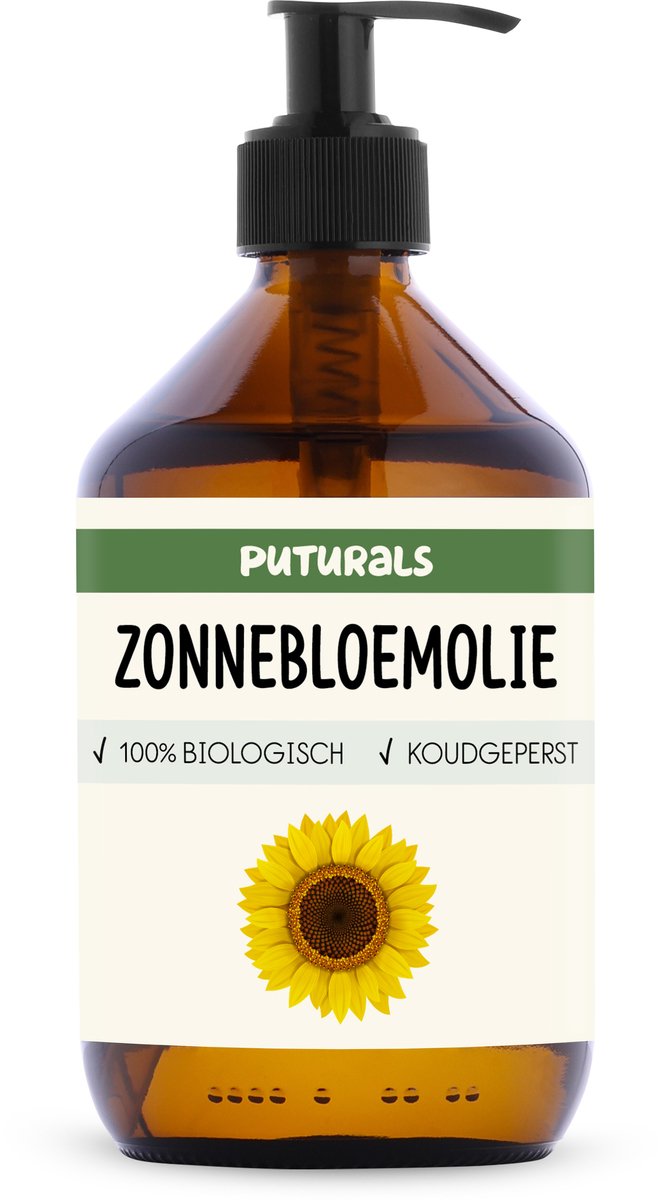 Puturals Zonnebloemolie 100% Biologisch - 500ml - Puur en Koudgeperst - Zonnebloemolie High Oleic voor Huid, Haar, Gezicht en Lichaam - Rijk aan Vitamine E en Antioxidanten - Bruine Glazen Fles + Pomp