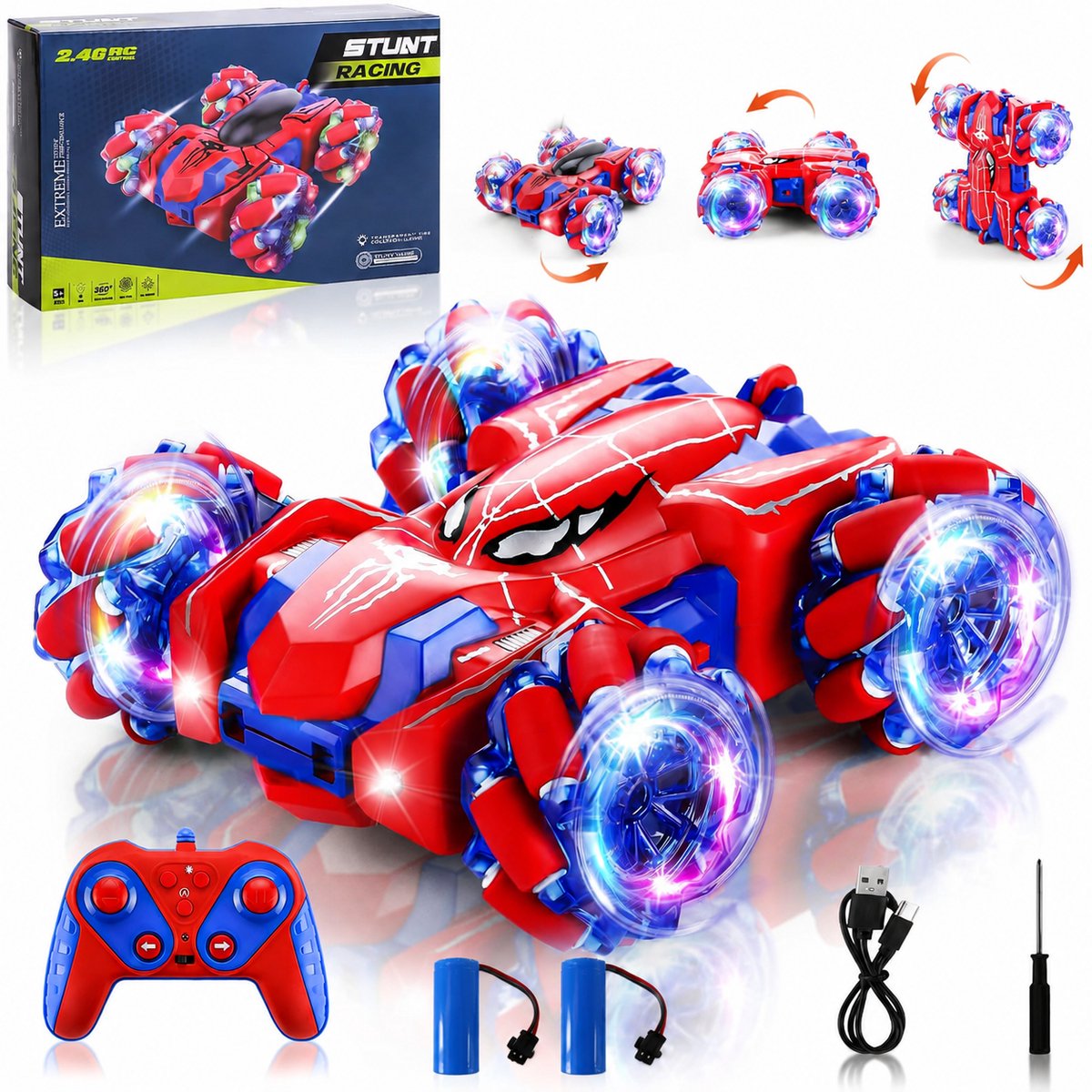TEKROA Bestuurbare Auto - Race Auto Radiografisch - 360° - Met LED Verlichting - Afstandsbestuurbaar Raceauto Accu Spiderman Alternatief Stuntauto -Bestuurbare Auto voor Jongens & Meisjes
