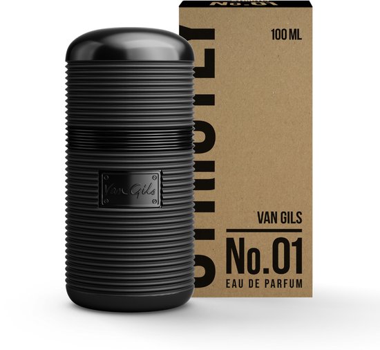 Zwarte, geribbelde flacon naast een kartonnen doos met 'VAN GILS No.01 EAU DE PARFUM 100ML' erop.