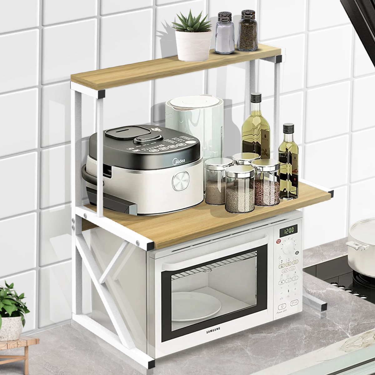 PIPIPOXER Staande magnetron rek - magnetronkast -Dubbele laag - Keukenrek - kruidenrek - Magnetron bovenkast rek- keukenrek staand - bureau organizer - keuken opbergrek - aanrecht organiser - Opbergrek - keukenrek staand - Geel