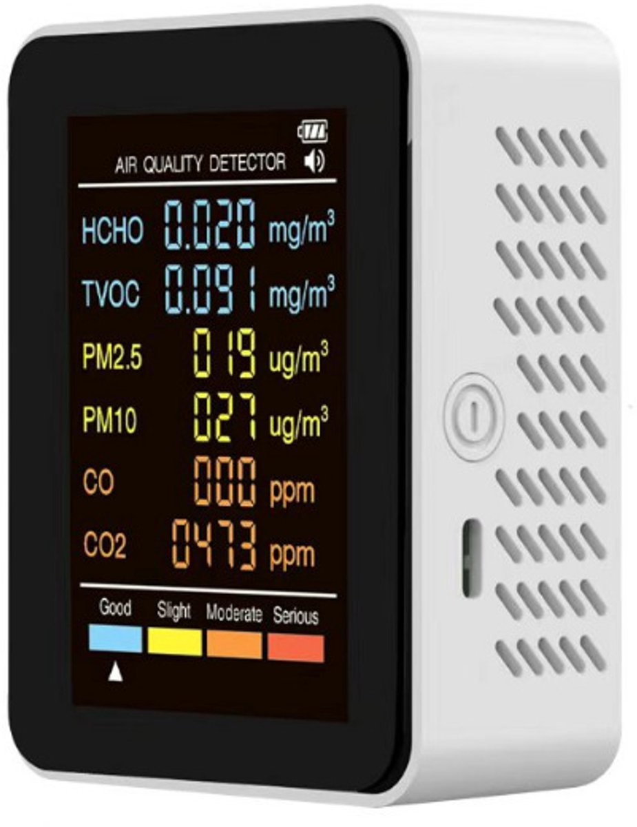 6-in-1 gasdetector - luchtkwaliteitsmonitor - HCHO, TVOC, PM2.5, PM10, CO, CO2-detector - Geschikt voor thuis- en hotelbeveiliging - Wit