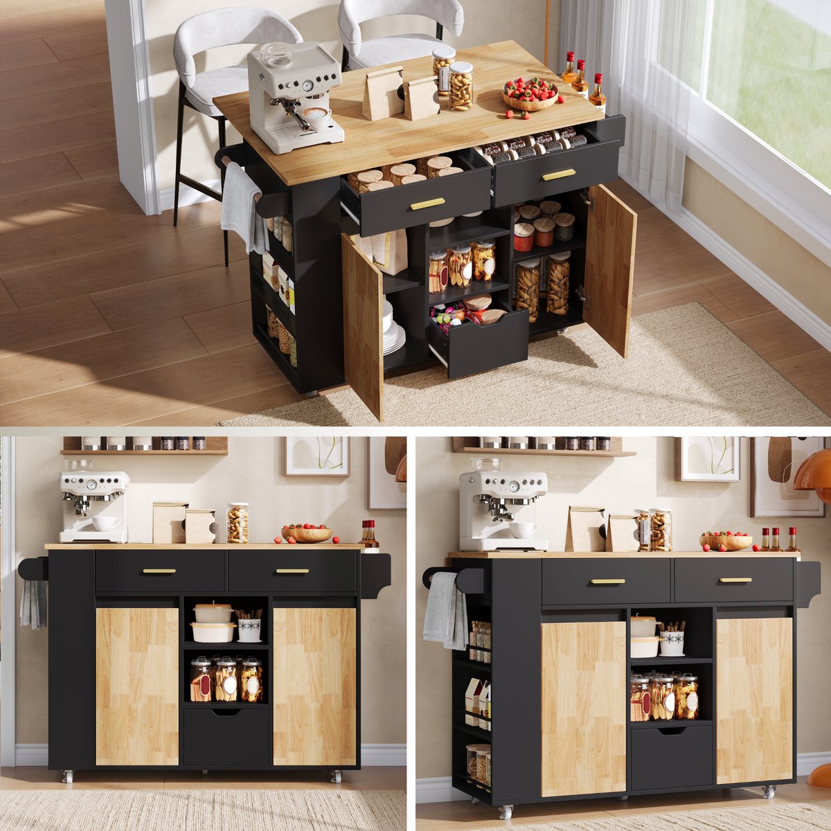 Clruro Keukeneiland - 120x45(71)x90 cm - met Klapblad, Kruidenrek en 3 Laden - Mobiele Keukenwagen - MDF - Houtkleur