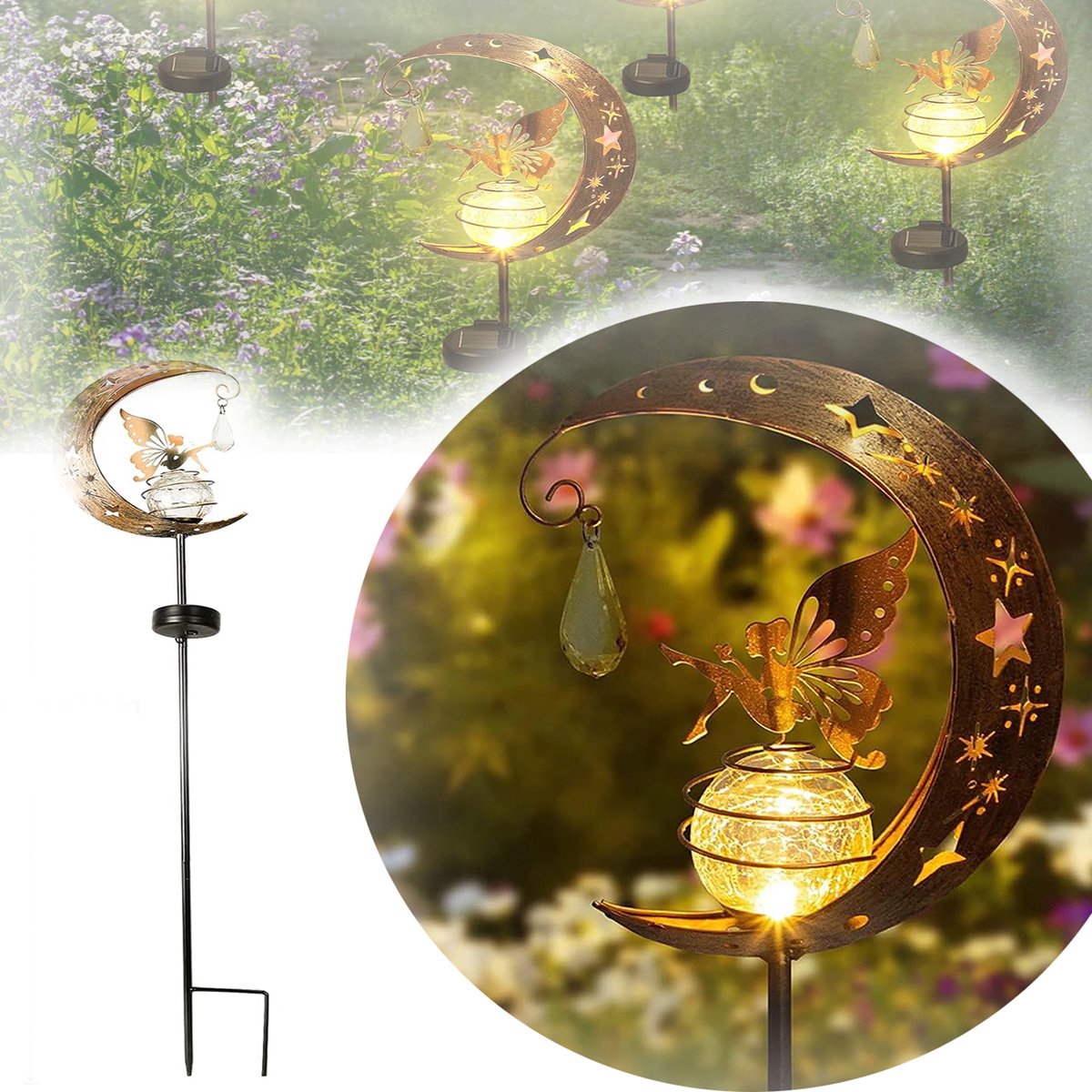 Tuinverlichting Op Zonne-Energie Voor Buiten, Maanvormige Feeënlampjes Als Ornamenten, Decoratieve Glazen Bollampen Op Een Paaltje, Decoraties Voor Een Sprookjestuin.