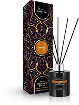 Zwarte diffuserfles met Hamam kruidige geurstokjes naast een doos met mandala patroon.